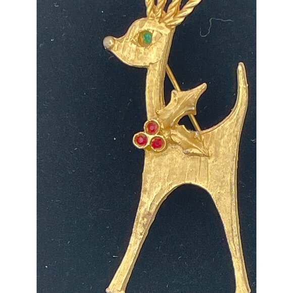 Christmas Reindeer Brooch Gold Tone Red Green Accents 2.5" - Picture 4 of 8